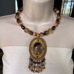 Tigers Eye Oval Pendant Necklace Choker Agate Stone Jewelry Vintage u
